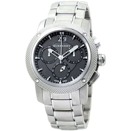 Burberry Utilitarian Silver Stainless Steel Black Dial Chronograph Quartz Watch for Gents